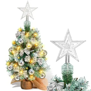 Jayseuw 40cm Mini Weihnachtsbaum mit 30 warmweiß LEDs, 8 Licht Modi, mit roter Deko, mit Stern-Baumspitze, Batterie betrieben, für Weihnachten, Silber - Silber