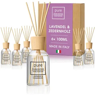 PURE ROOM EDITION 6X 100ml Lavendel & Zedernholz Raumduft SparBox | natürliche Inhaltsstoffe, vegan & tierversuchsfrei, Bio-Alkohol, Diffuser mit Stäbchen hergestellt in Italien