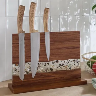 Messerblock magnetisch "Muscheln" Magnet-Messerhalter aus Holz (Akzazie), Epoxy & Muscheln, Magnetischer Messerblock ohne Messer - Braun
