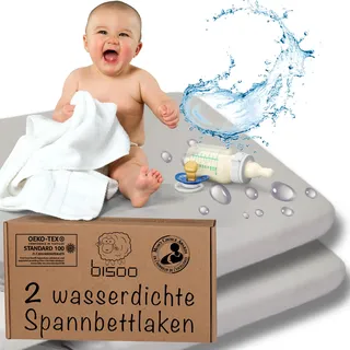 Bisoo Spannbettlaken 70x140 Baby - 2in1 Bettlaken Matratzenschoner 70 x 140 Baby Wasserdicht für Kinderbett und Babybett aus 100% Baumwolljersey Öko-Tex Zertifikat - 2 Stück Set Grau 140x70