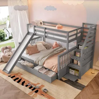okwish Etagenbett 90 x 200 &140 x 200 cm mit Schubladen, Rutsche und Treppe, Grau - Grau