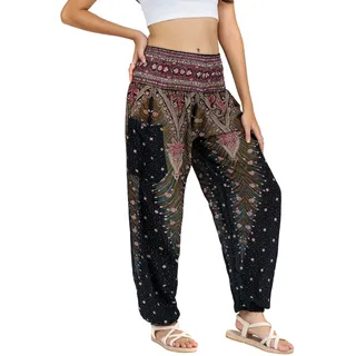 Lofbaz Damen Haremshose Yogahose Pumphose Hippie Hose Boho Kleidung Festival Outfit Sommerhose Leicht Sommer Hosen - Peacock 1 Schwarz B XL