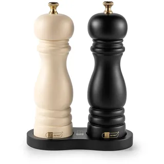 Salz und Pfeffermühle mit Tablett, Akazienholz Holz-Pfeffermühle, 2er-Set Manuelle Salz-Pfefferstreuer-Mühle, Pfeffer und Salzmühle,Keramikmahlwerk, 7 Zoll (Schwarz und Beige)