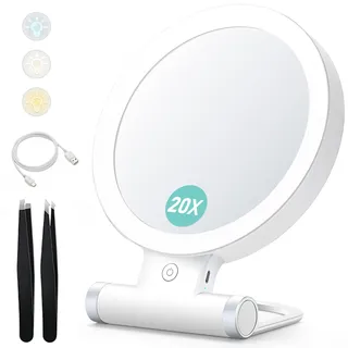 B Beauty Planet Schminkspiegel mit Beleuchtung, 20X/1X Doppelseitige Tischspiegel,3 Farblichter, Dimmbarer Faltbar Schminkspiegel,Reisen Kosmetik Spiegel mit Beleuchtung,Wird mit Zwei Pinzetten Geliefert