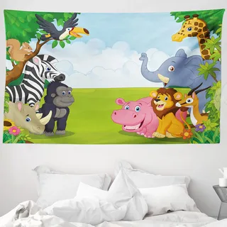 ABAKUHAUS Tier Wandteppich, Design Room Safari Themed Cartoon Tiere Bild Kunstdruck, aus Weiches Mikrofaser Stoff Wand Dekoration Für Schlafzimmer, 230 x 140 cm, Grün Hellblau