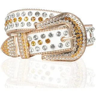 RBUDSPOLF Neuheit Ledergürtel Strass Gürtel Für Frauen Männer Cowgirl Cowboy Nieten Leder 1,5 "(38 Mm) Breiter Gürtel Für Jeans Hosen/White/125Cm/Waist:42"~44"