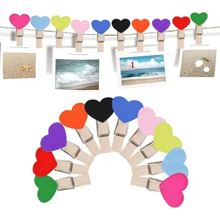 Feelorna 20 Stück Mini Holzklammern, Mini Herz Wäscheklammer mit 2 Meter Juteschnur, Mini Holz Wäscheklammern für Fotos DIY Fotowand und Hochzeit Party Dekoration (Vielfarbig)