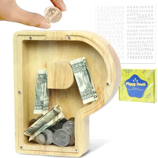 LEcylankEr Spardose Kinder Personalisierte A-Z Alphabet Sparbüchse Holz Spardose Dekoration Kreative groß Sparschwein als Geschenke für Geburtstag, Weihnachten und Thanksgiving (P)