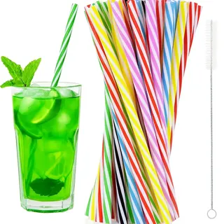 LeGeYo Wiederverwendbare Strohhalme 60er Set – 23cm Dicke Plastik-Trinkhalme mit Regenbogenstreifen, Inklusive Reinigungsbürste, Für Saft, Smoothies, Heißgetränke, Cocktails (7,3mm Durchmesser)