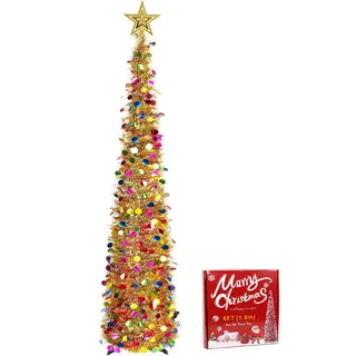 HOTOOLME 180cm Pop-Up Weihnachtsbaum mit glitzernden Pailletten & Sternspitze, Faltbarer Lametta-Christbaum für Innenbereich Weihnachtsdeko für Zuhause & Partys, wiederverwendbar & einfach aufzubauen