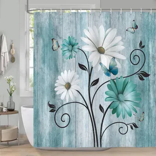 COZZSNUGE Duschvorhang 180 x 180 cm Türkis Blumen, Blau Grün Blume Gänseblümchen Schmetterling Rustikal Duschvorhänge Anti-schimmel Wasserdicht Polyester Stoff Badvorhang mit 12 Duschvorhangringen