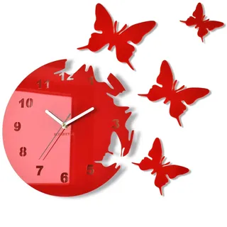 FLEXISTYLE z4c_3 Große Moderne Wanduhr Schmetterling Rot rund 30cm, 3D DIY, Wohnzimmer, Schlafzimmer, Kinderzimmer