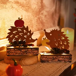 Valery Madelyn 2er Herbstdeko Igel Figuren mit LED Timer,Rost Bunt Metall | Holz Sockel,Beidseitig Rostig,Herbst Deko Innen Ornament für Tisch Fenster,Geschenk Fall Decor Halloween,15/16cm