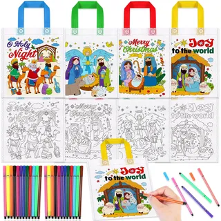 HOWAF 12 Krippe Weihnachten Stoffbeutel zum Bemalen, Weihnachtstüten Weihnachts Tüten Weihnachtskrippen Figuren Jesus Non-Woven Taschen zum Bemalen für Basteln Weihnachten Kinder, Weihnachtsgeschenke