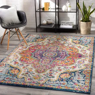 Livabliss Rabat Vintage groß - Wohnzimmer 140x200 cm, Esszimmer, Schlafzimmer, Orientalischer e Boho Style - Carpet Living Room, Bunter Muster, Fuchsie, Elfenbein, Orange, Blau