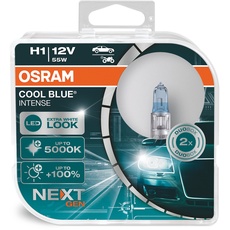 Osram Cool Blue Intense H1, mit 100 Prozent mehr Helligkeit, bis zu 5.000K, Halogen-Scheinwerferlampe, LED-Look, Duo Box (2 Lampen), Fahrzeugspezifische Passform, Blue, Duo Box