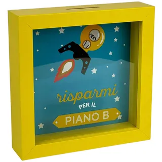 Spardose Design Plan B, gelber Rahmen 16 x 16 cm, dekorativ mit Weltraummotiv