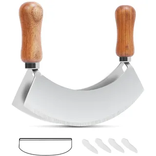 PROKITCHNE Wiegemesser Zweischneidig 17,3 cm, Kräuterschneider aus Edelstahl, Pizzamesser mit Holzgrif zum Zerkleinern von Kräutern & Gewürzen