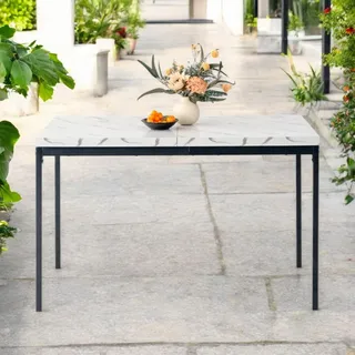 FurnitureR Bistrotische für den Garten in weißem Marmorimitat, Schlichter und eleganter Stil für 4 bis 6 Personen, Dicke Holzplatte mit Metallstruktur, für Café, Balkon, Terrasse, 120 x 70 x 75 cm