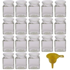 18 kleine Marmeladengläser für 106ml mit weißem Deckel/für Konfitüre, Gewürze, Salze, Öle - inkl. einem gelben Einfülltrichter