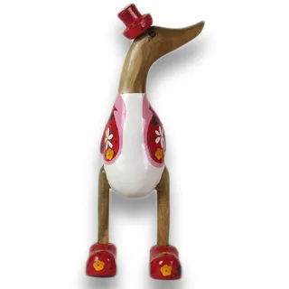 ART-CRAFT Holz Ente Lauf Ente Gartendeko Figur aus Bambus Wurzel und Teak Holz mit Blumen Motiv verziert in Weiss 25cm hoch