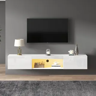 Ball & Cast TV Board hängend mit Staufächern, Sideboard Wohnzimmer TV mit integrierter Beleuchtung, 160x31x22 cm, Weiß