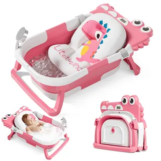 Baby Badewanne mit Thermometer, Krokodile Faltbare Babybadewanne mit Sitzmatte, Rutschfeste Babywanne, Tragbare Baby Bathtub für Neugeborene von 0-36 Monaten, Rosa