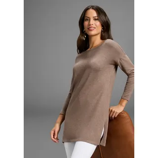Longpullover LAURA SCOTT, Damen, Gr. 38, braun (hellbraun melange), Feinstrick, Obermaterial: 70% Viskose, 30% Polyamid, meliert, unifarben, Basic, lässig geschnitten, Rundhals, Pullover Longpullover, Feinstrick mit U-Boot Ausschnitt und seitlichem Schlitz