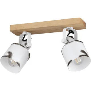 EGLO Deckenstrahler Kilburn, 2-flammige Deckenlampe mit schwenkbaren Spots, FSC100HB, Deckenleuchte im Landhaus Stil, Metall in Weiß und Holz in Natur, Deckenspot mit E27 Fassung
