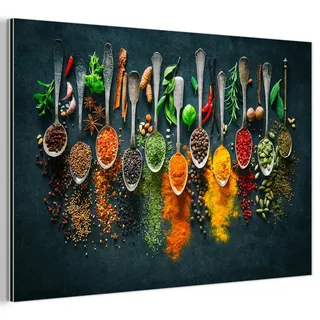 MuchoWow Metallbild Kräuter - Gewürze - Löffel Deko Groß 120x80 cm , Currygelb , Metall , Rechteckig , 120x80 cm , einfache und schnelle Anbringung , Bilder & Rahmen, Bilder, Holz & Metallbilder