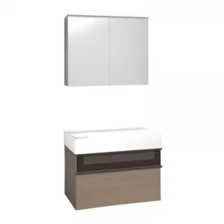 burgbad Yumo Set Mineralguss-Waschtisch inklusive Waschtischunterschrank, inklusive Spiegelschrank mit LED-Waschtischbeleuchtung, Breite: 815mm, SFLA082F3198G0179, Farbe: Eiche Dekor Toffee Melamin /