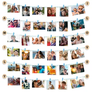 Uping Bilderrahmen Collage Fotorahmen für Mehrere Fotos Bilder Collage Wand Holzbilderrahmen mit 36 Kleinen Holzklammern Grußkarte Display für Home Party Wanddekoration (Blau Klammern und Seil)
