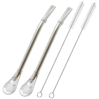 Edelstahl-Trinkhalme mit Filterlöffel, 2 Stück, Teestrohhalme, Mate Bombilla, Kaffee-Rührstab für Eistee, Cocktail, mit 2 Reinigungsbürsten (Silber)