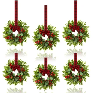 6 Stück Kleiner Weihnachtskranz – Mini-Kränze mit roter Beere, Kiefer, Eukalyptus, Weihnachtskränze für Tür, Küchenschränke, Fenster, Kamine, Dekoration