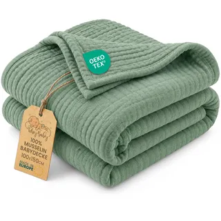 Musselin Decke Babydecke Baumwolle 100 x 150 cm - Musselindecke Kuscheldecke Baby Musselintücher Kinderdecke dünne Babydecken Pucktuch Muslin Blanket für Kinder Oeko-Tex Salbeifarbe