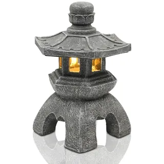 Yeomoo Solar Pagode Deko für Draußen – Solar Laterne Gartenfiguren Zen Garten Japanische Deko für Wohnzimmer Balkon Terrasse Geschenke für Frauen Mama Wasserdicht Solarlampe Garten Grau