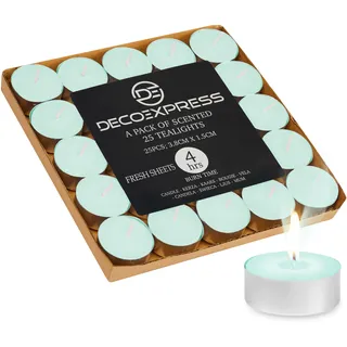 DECO EXPRESS Teelichter Großpackung, 24, 25, 50, 100 oder 200 Teelichter Lange Brenndauer 4, 8 oder 10 Stunden (Frische Bettwäsche 25/4 Stunden)