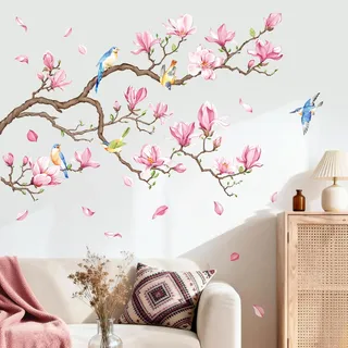 Supzone Wandtattoo Blumen Baum Wandaufkleber Rosa Magnolie Pflanze Vögel Wandsticker Wohnzimmer Schlafzimmer Sofa Hintergrund Wanddeko