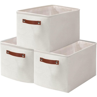 OUTBROS Faltbare Aufbewahrungskörbe mit Griffen, Verdicktes Stoff Aufbewahrungsbox 3er Set, Boxen Aufbewahrung für Schrank, Regale, Schlafzimmer, 37x26x20cm, Weiß