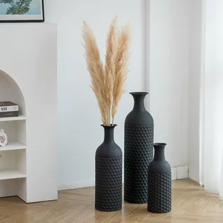 Sziqiqi Vintage Schwarz Hoch Bodenvase - 68/51/41cm Tall Extra Groß Metall Boden Stehend Vase Set of 3 Modernen Waben Textur Big Matt Vase für Wohnzimmer Esszimmer Schlafzimmer Home Flur Indoor Büro