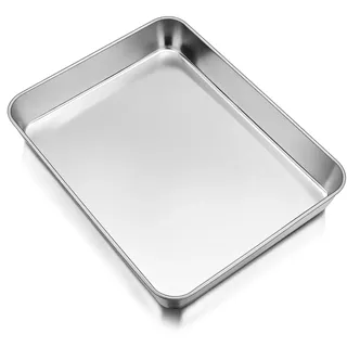 TEAMFAR Backblech, Tiefes Auflaufform Kuchenblech aus Edelstahl, 26,5x20,5x4,7cm Rechteckigies Backform Fettpfanne für Kuchen/Lasagne/Brownie, Gesund, Leicht zu Reinigen und Spülmaschinenfest