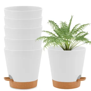 wintfarm Blumentopf,20cm 6er Set Pflanztopf mit Bewässerungssystem, Selbstbewässernder Übertopf mit Untersetzer,pflanzkübel Indoor Plants Pot, Blumentöpfe Set Ideal für Innen und Balkongärten (Weiß)