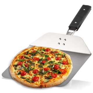 com-four® Pizzaschaufel aus rostfreiem Edelstahl 430 - Pizza- und Kuchenheber mit Holzgriff - Pizzaschieber für Pizza, Flammkuchen, Brötchen und Brot - klappbarer Griff (silberfarben/schwarz - eckig)