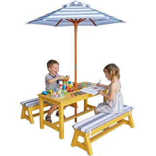 Relaxdays Kindersitzgruppe für draußen, Garten Picknickbank mit Schirm & Kissen, Holz, Gartengarnitur für Kinder, Natur