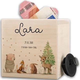 Shirtracer Spardose Holz personalisiert Süße Waldtiere Geburt | Holz, 10x10cm, Baby, Neugeborenes, Babygeschenke, Hase, Bär, Fuchs, Reh, Taschengeld, Geldgeschenk, Sparbox, Wunscherfüller