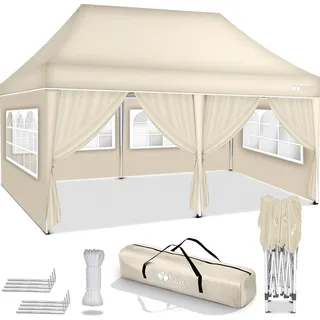 tillvex Pavillon 3x6m - mit 6 Seitenwänden Beige wasserdicht | Pop-Up Faltpavillon höhenverstellbar | Gartenzelt UV Schutz 50+ | Partyzelt mit Tasche für Garten - Beige