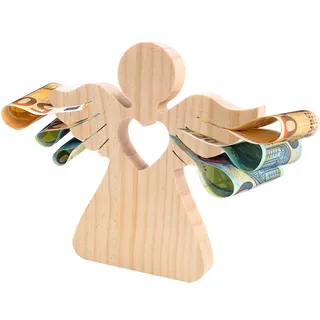 LAMEK Holzengel mit Herz Holz Schutzengel Geldgeschenk Engel Holzfiguren Glücksengel Figur Gastgeschenk Holzdeko Geschenk für Hochzeit Taufe Kommunion Konfirmation Weihnachten