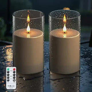 Forever Speed 2 Stück LED Kerzen Outdoor Wasserdichte mit Fernbedienung & Timer, 10cm x 17.5cm Acryl Batteriebetriebene Dimmbar Flammenlose Kerzen Groß für Äußere Dekorationen - Grau