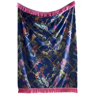 Laurence Llewelyn-Bowen Überwurfdecke mit Blumenmuster (130 x 180 cm), wendbare Designs, botanische Samt-Überwurfdecke in Blau, Quasten-Überwurfdecke für Wohnzimmer/Schlafzimmer, luxuriöse Bettwäsche