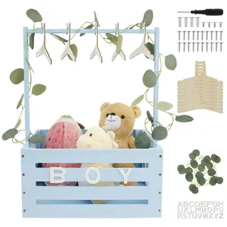 Babykorb mit Griff, Holz Babyparty Schrank Praktischer Holzkiste für Babyparty mit Stange,Schrank für Babypartykisten aus Holz Wäschekorb Kinder Holz Baby Shower Geschenk (Blau)